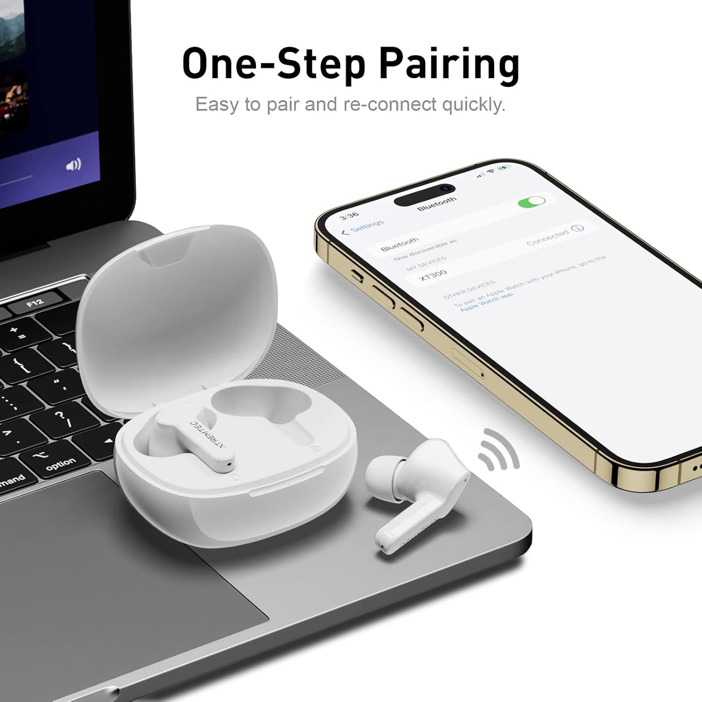 Bluetooth Noise Cancelling Wireless Earbuds for Iphone/Android, In-Ear Sweatproof Stereo Bass Headphones, Immersive Sound Bluetooth 5.2 Earphones with Microphones,En-Able Computer (White)