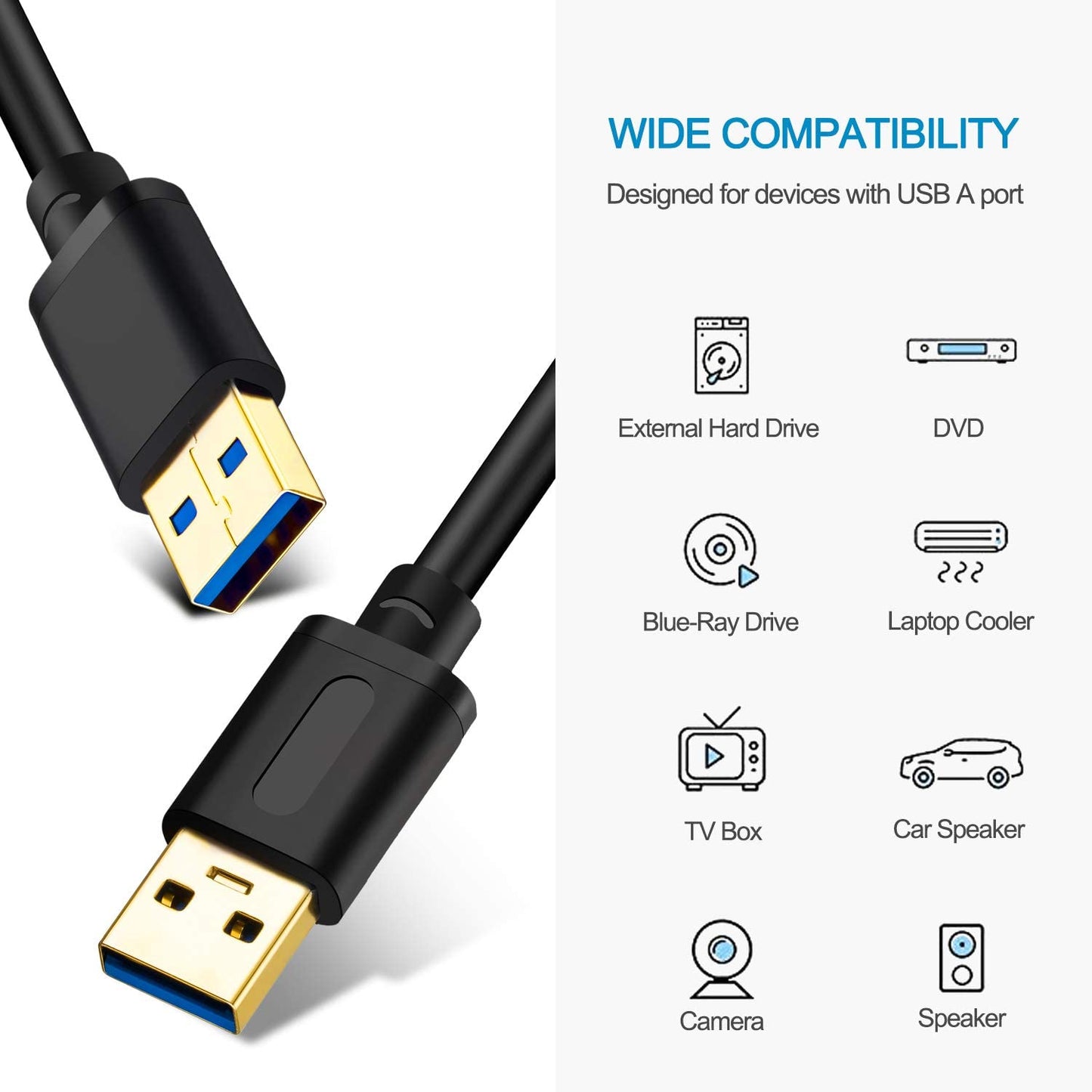 USB 3.0 Male to Male Cable 6Ft,Usb to USB Cable with Gold-Plated Connector for Hard Drive Enclosures, DVD Player, Laptop Cooler (6Ft/1.8M)