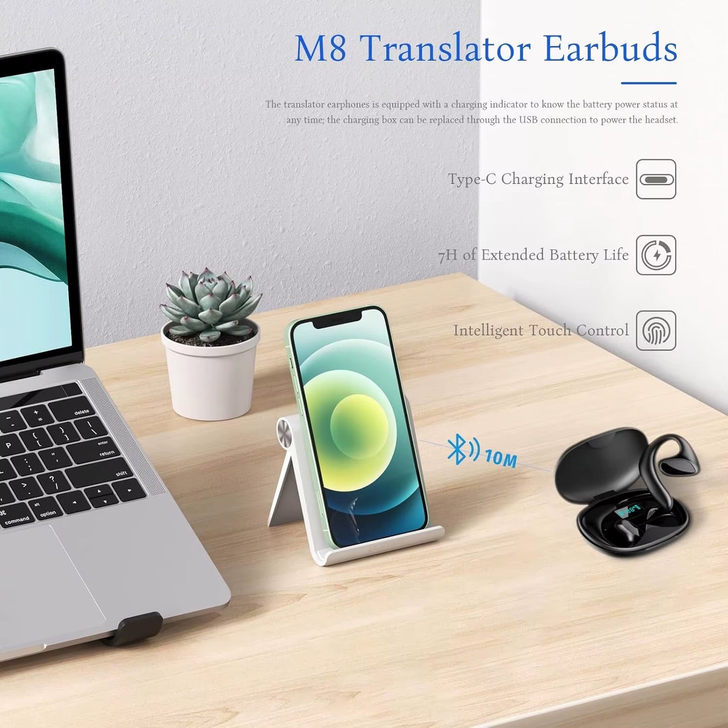 M8 Language BT Translator Earbuds, Bluetooth Headset That Supports Translation into 144 Languages, Online or Offline Translation