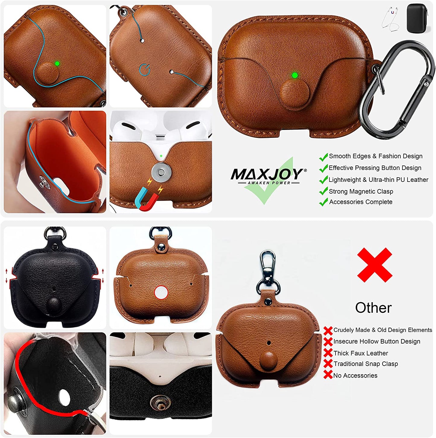 for Airpods Pro 2 Case Leather, Airpods Pro Leather Case Cover with Keychain Airpod Strap Compatible with Apple Airpod Pros 2Nd Generation 2023 2022/Airpods Pros 2019 (Front LED Visible), Brown
